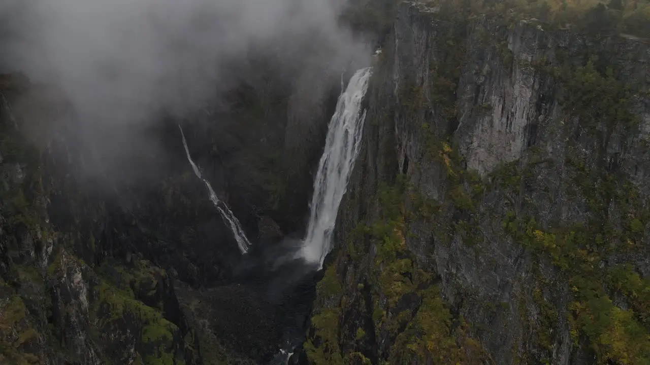 Areal footage of Vøringfossen waterfall in Western Norway in Autumn