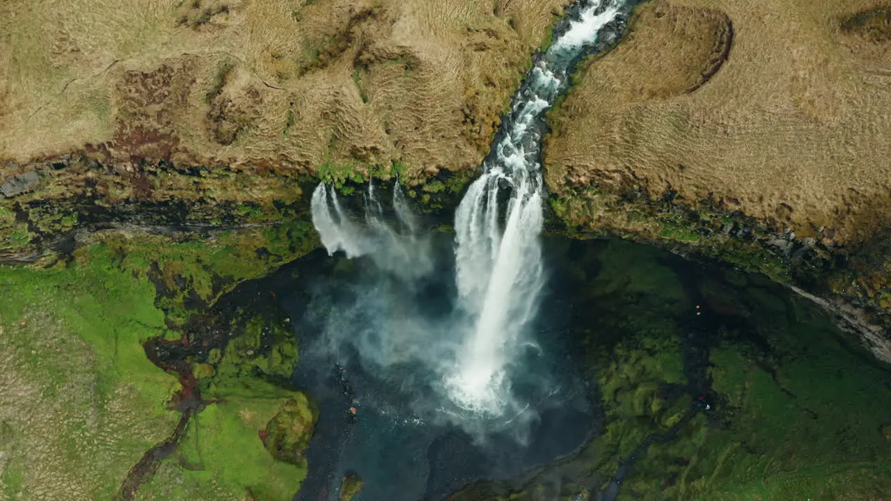 Bird's eye view of Seljalandsfoss waterfall in south Iceland famous Icelandic landmark attraction