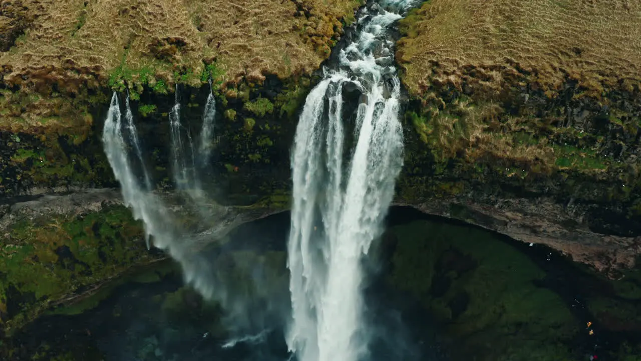 Cinematic aerial drone view of Seljalandsfoss waterfall in south Iceland