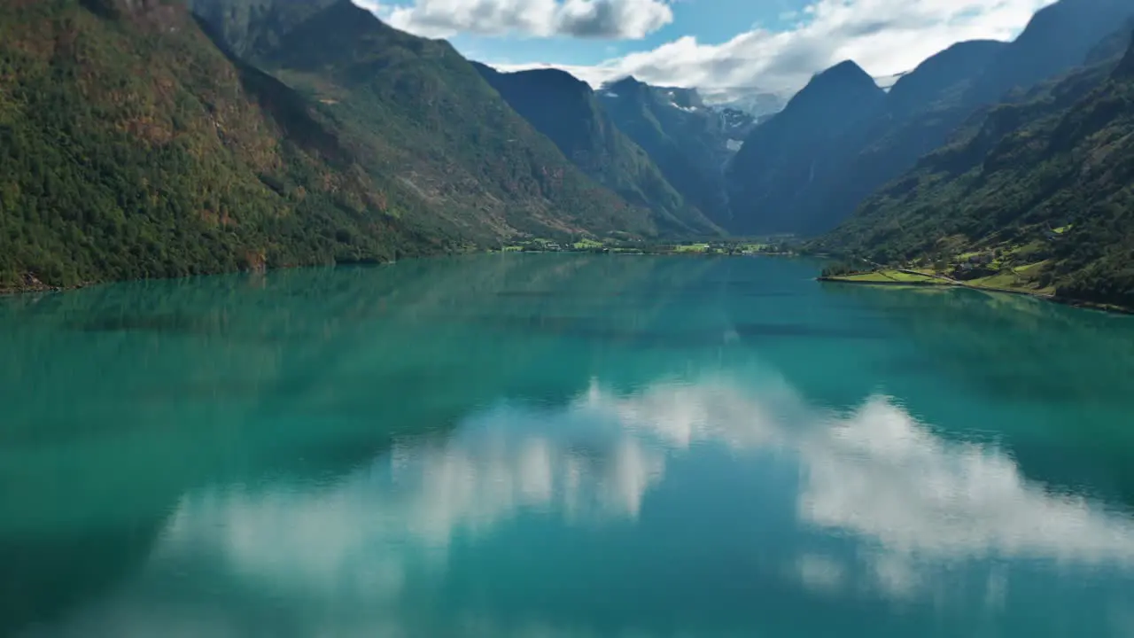 Aerial shot over the Olden Lake approaching the Jostedalsbreen glacier