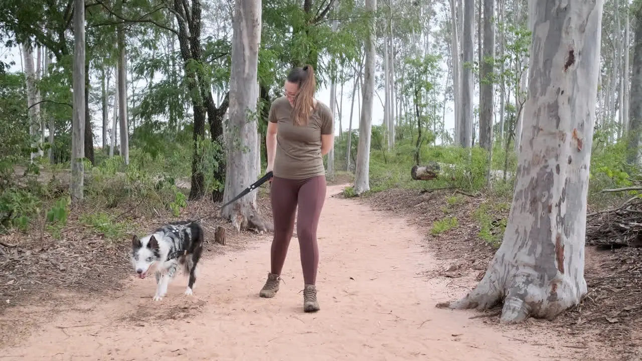 Woman relaxes in nature and walks her dog breathing in the fresh air in the park