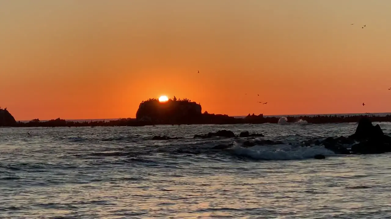 A calm and peaceful sunset with birds flying over a beautiful landscape made up of ocean rocks and waves