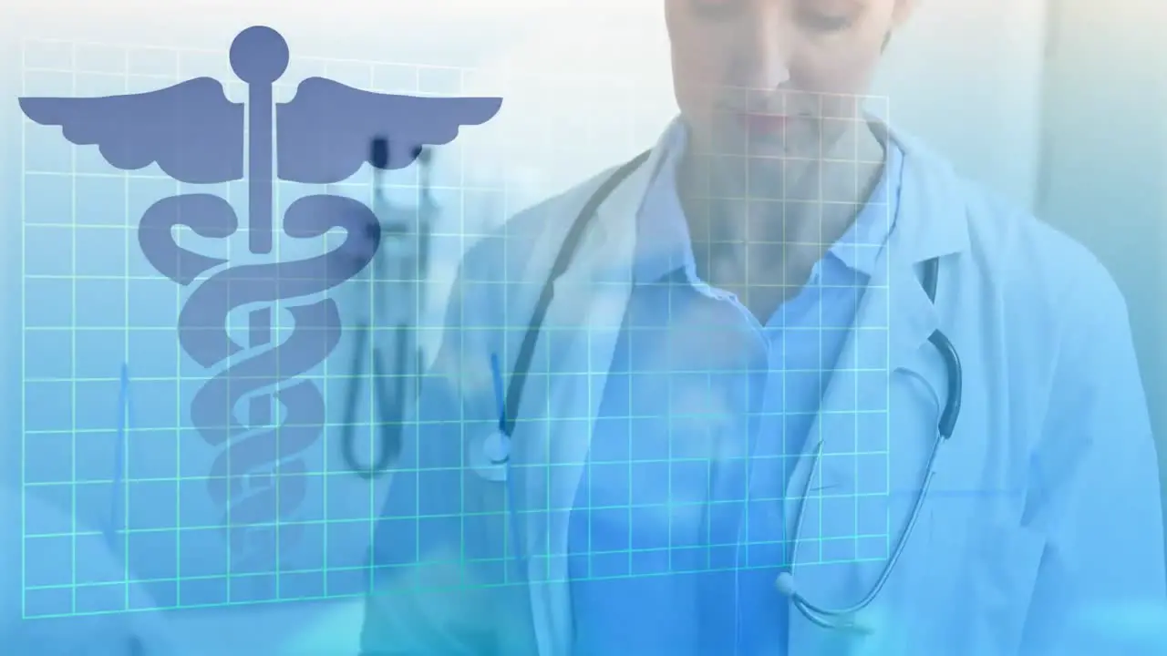 Caduceus medical doctor symbol over grid lines against portrait of female doctor with stethoscope ar