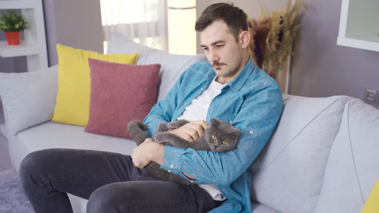 Thoughtful man loves his gray cat