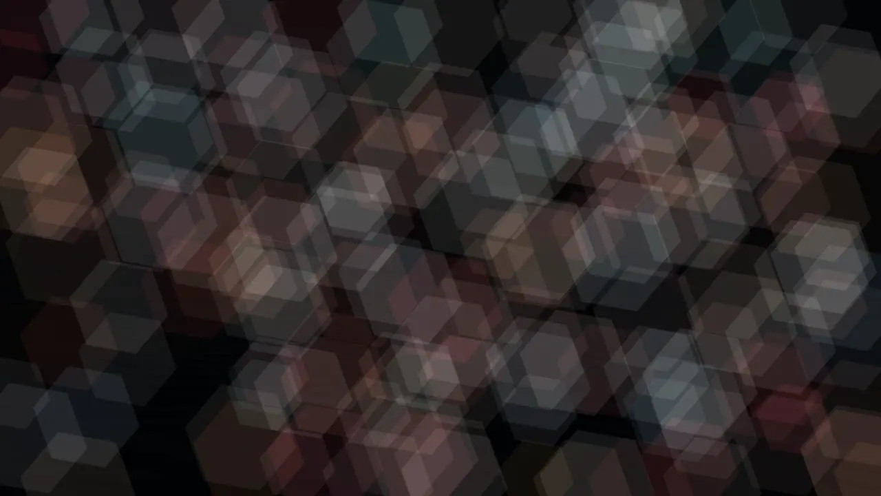 Animation of sharp muted hexagons bokeh slowly drift with flicker