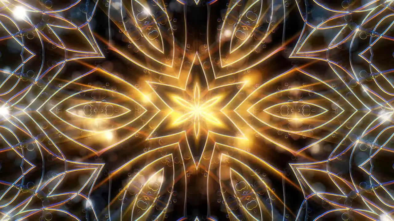 Animation of intricate blue and golden glowing metal wire kaleidoscope