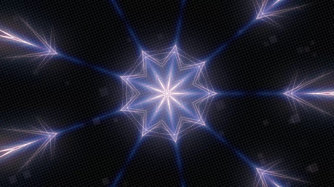 Animation of glowing kaleidoscope of purple neon lines over grid of energy and square particles