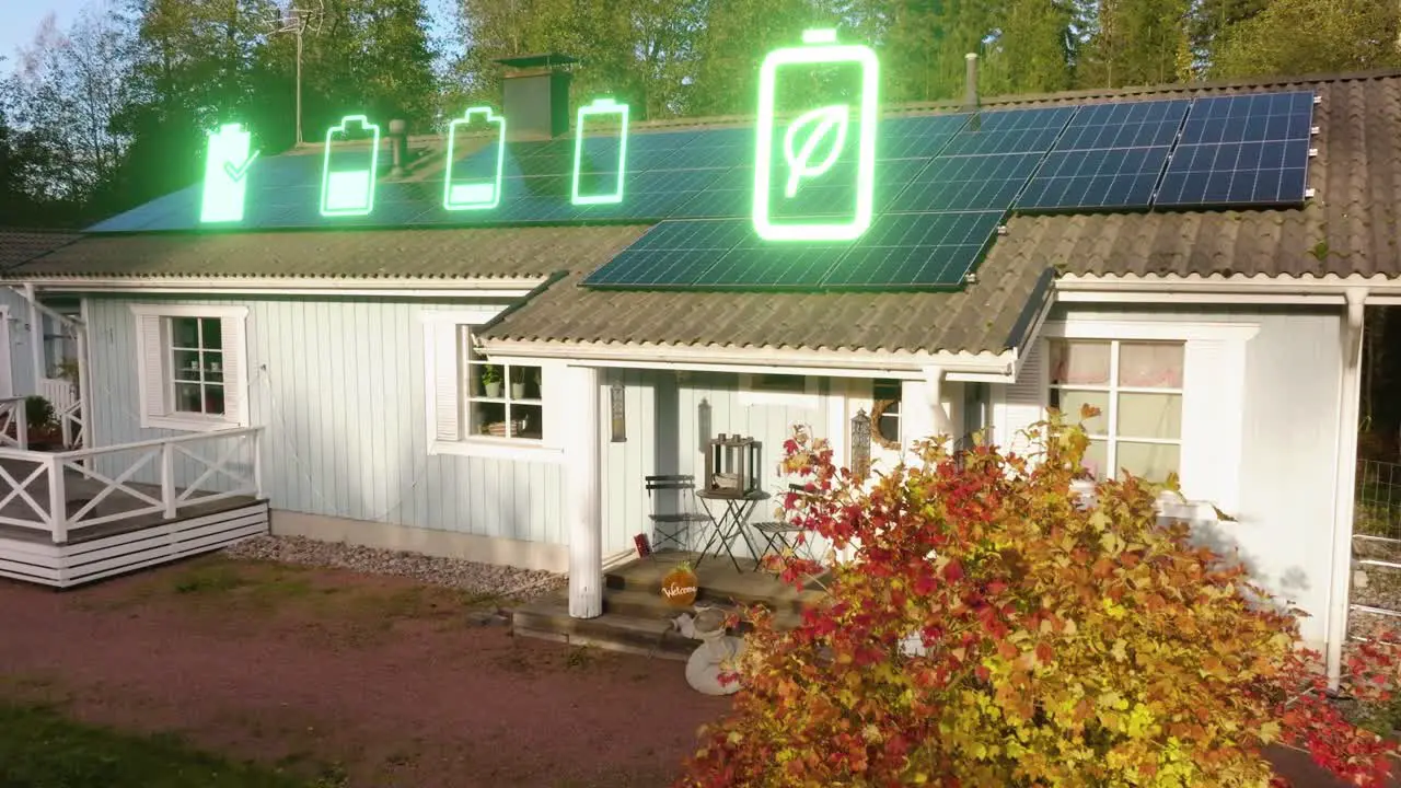 Photovoltaic cells on a roof charging solar energy to batteries CGI overlay