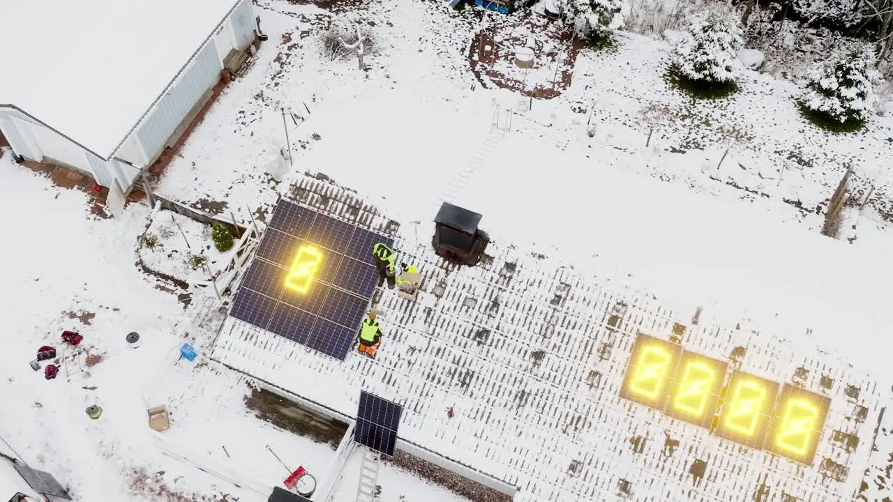 Contractors installing Solar cells on a house with added battery icons 3D render