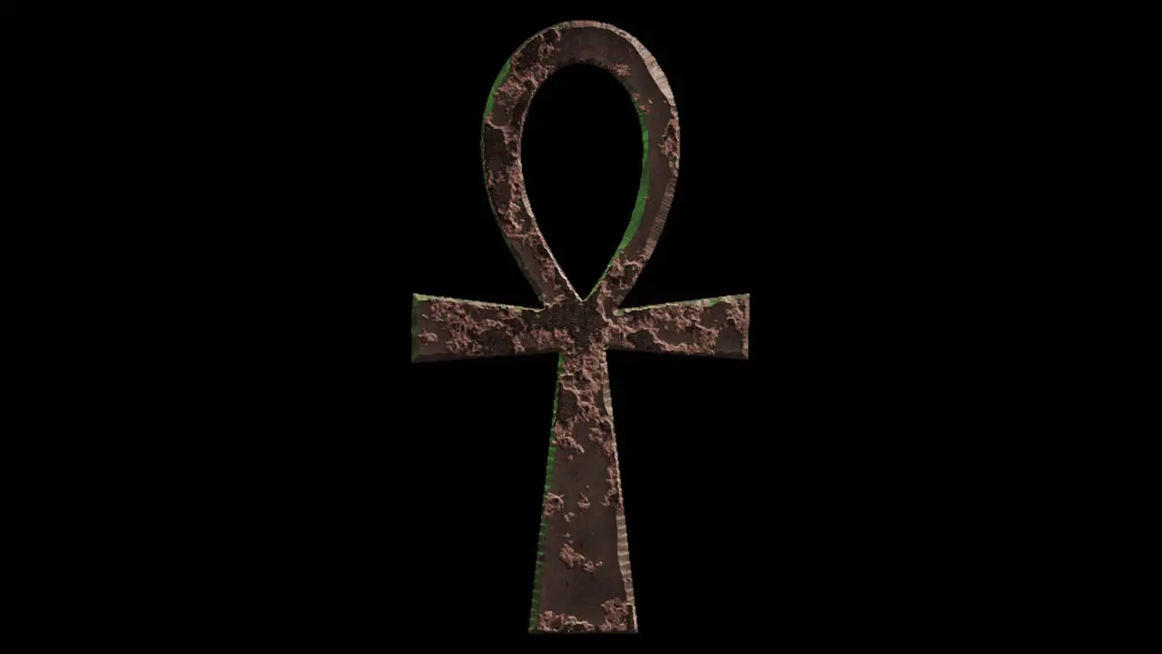 High quality dramatic motion graphic of the egyptian hieroglyphic ankh symbol rapidly eroding and rusting and decaying on a plain black background