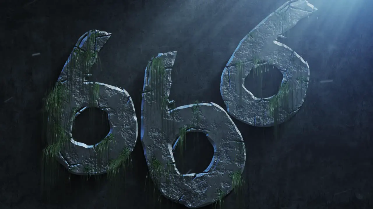 High quality dramatic motion graphic of the devil's 666 symbol rapidly eroding and cracking and sprouting moss and weeds with atmospheric light rays and dust motes