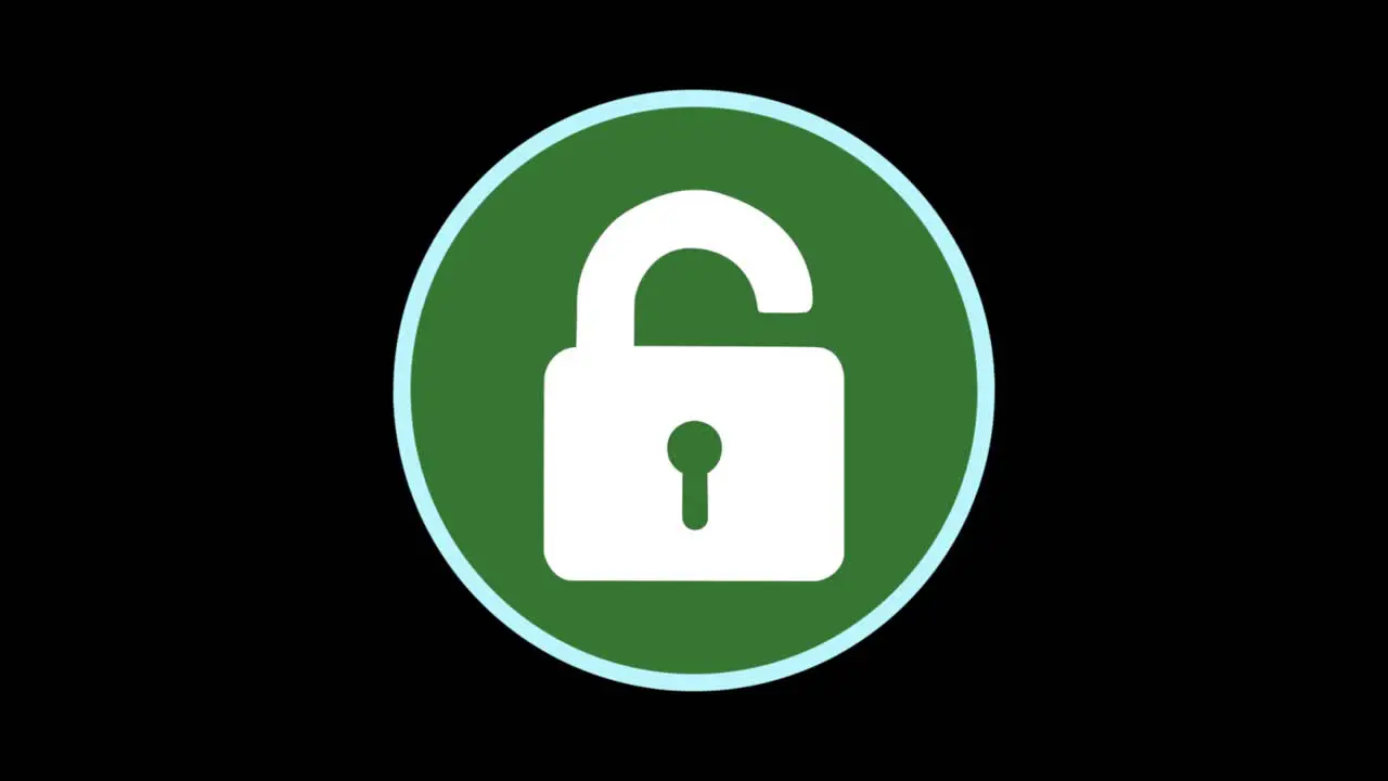 Clever motion graphic element of a circular system security logo with padlock being hacked and unlocked turning from red to green on a black background