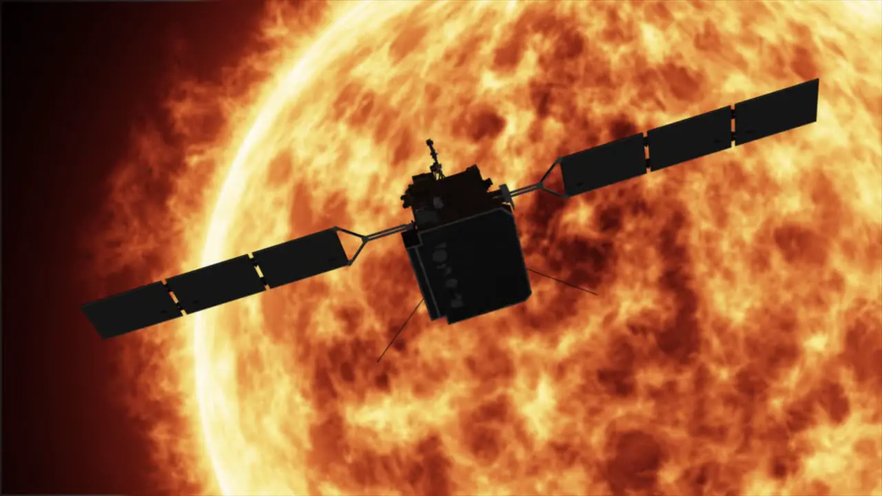 High quality 3D CGI animated render of the Solar Orbiter in orbit around the Sun as it spins slowly with the dramatic and awe inspiting solar flares and sun surface in the background