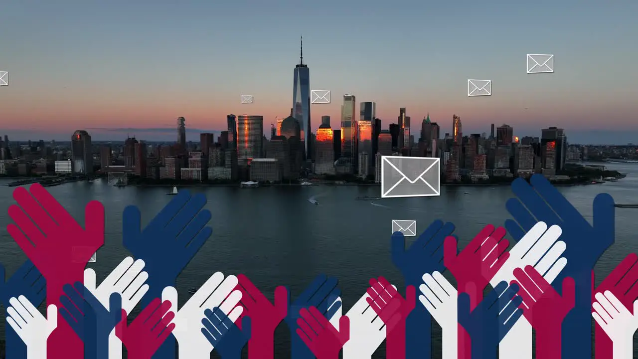 Voting animation on New York City skyline at sunset