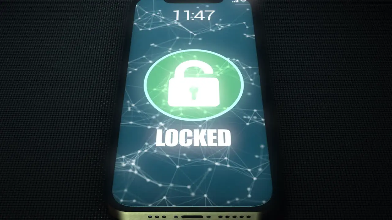 High quality animated 3D CGI render with tilting camera move close up of mobile phone being unlocked and hacked with digital and binary code flowing out and a skull and crossbones motif