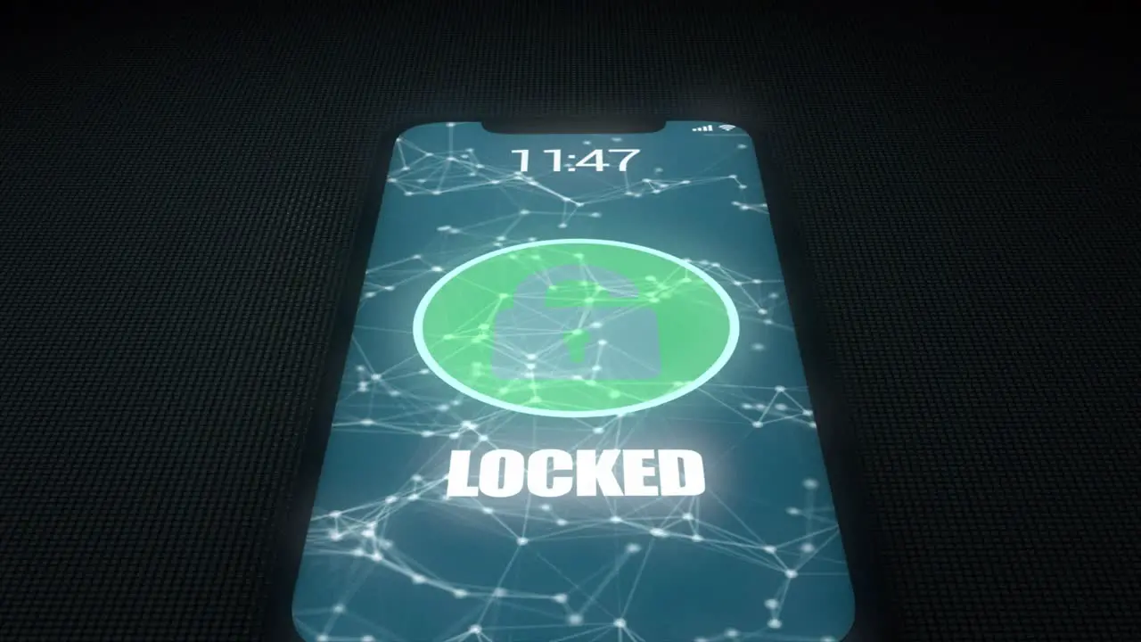 High quality animated 3D CGI render with tilting orbiting camera move close up of mobile phone being unlocked and hacked with digital and binary code flowing out and a skull and crossbones motif