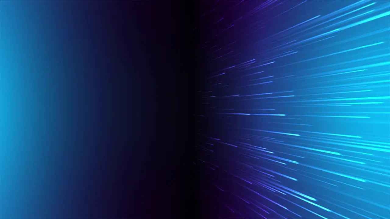 Animation of glowing colorful blue flowing lines simulating fiber connection and data transmission with copy space