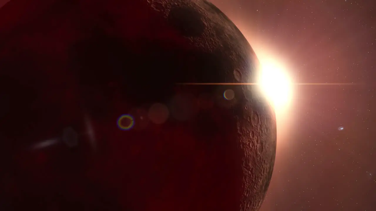 Simulation of sun peaking from behind red moon