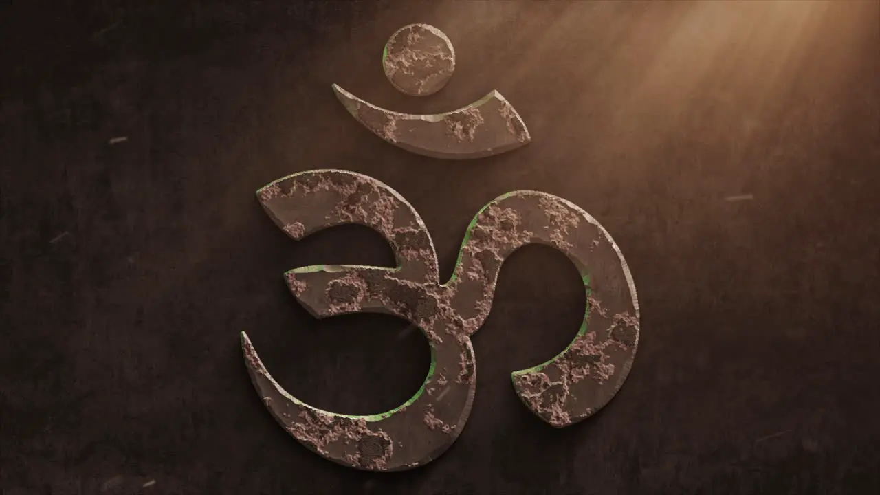 High quality dramatic motion graphic of the fakta om shiva hinduismen icon symbol rapidly eroding and rusting and decaying with warm atmospheric light rays and dust motes