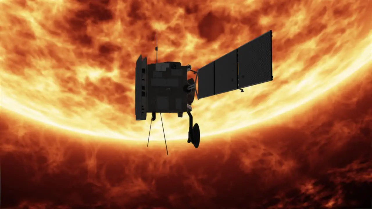 Dramatic 3D CGI animated render of the solar orbiter spacecraft in orbit around the Sun as it spins slowly with the sun's surface and dramatic solar flares in the background