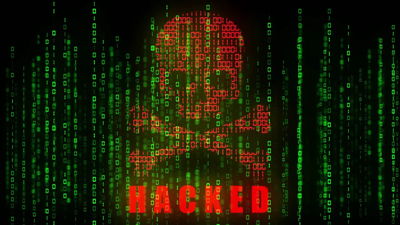 High tech motion graphic with animated binary code theme with red high tech hacker style skull and crossbones motif and flashing Hacked text with matrix style binary code rain code flowing upwards