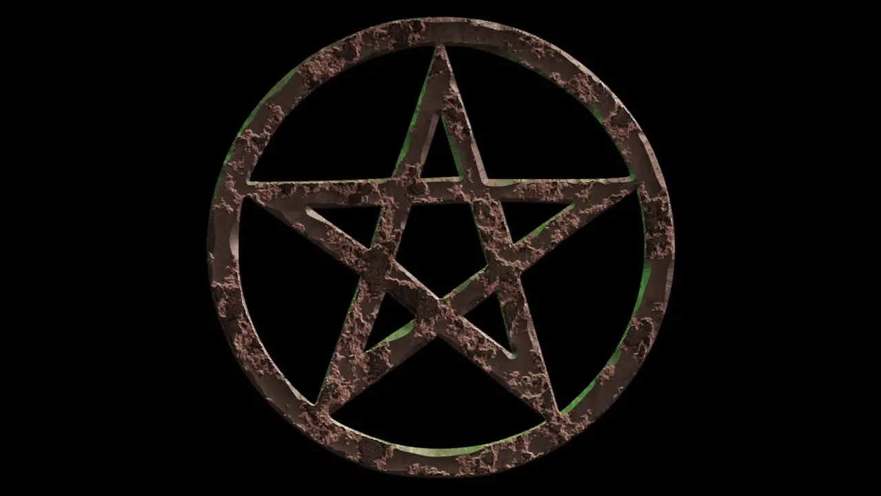 High quality dramatic motion graphic of a Satanic pentacle icon symbol rapidly eroding and rusting and decaying on a plain black background