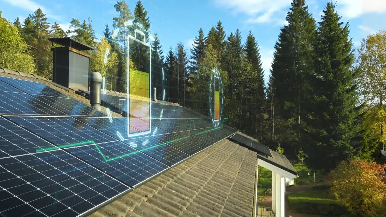 Charging battery visualization on house roof with solar panels CGI render