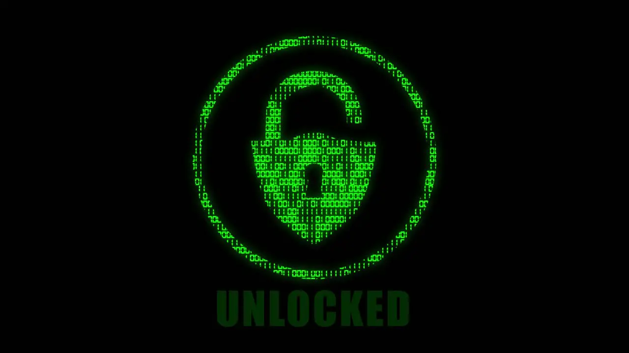 High tech motion graphic with animated binary code theme with flashing text showing a locked system logo becoming unlocked turning from red to green