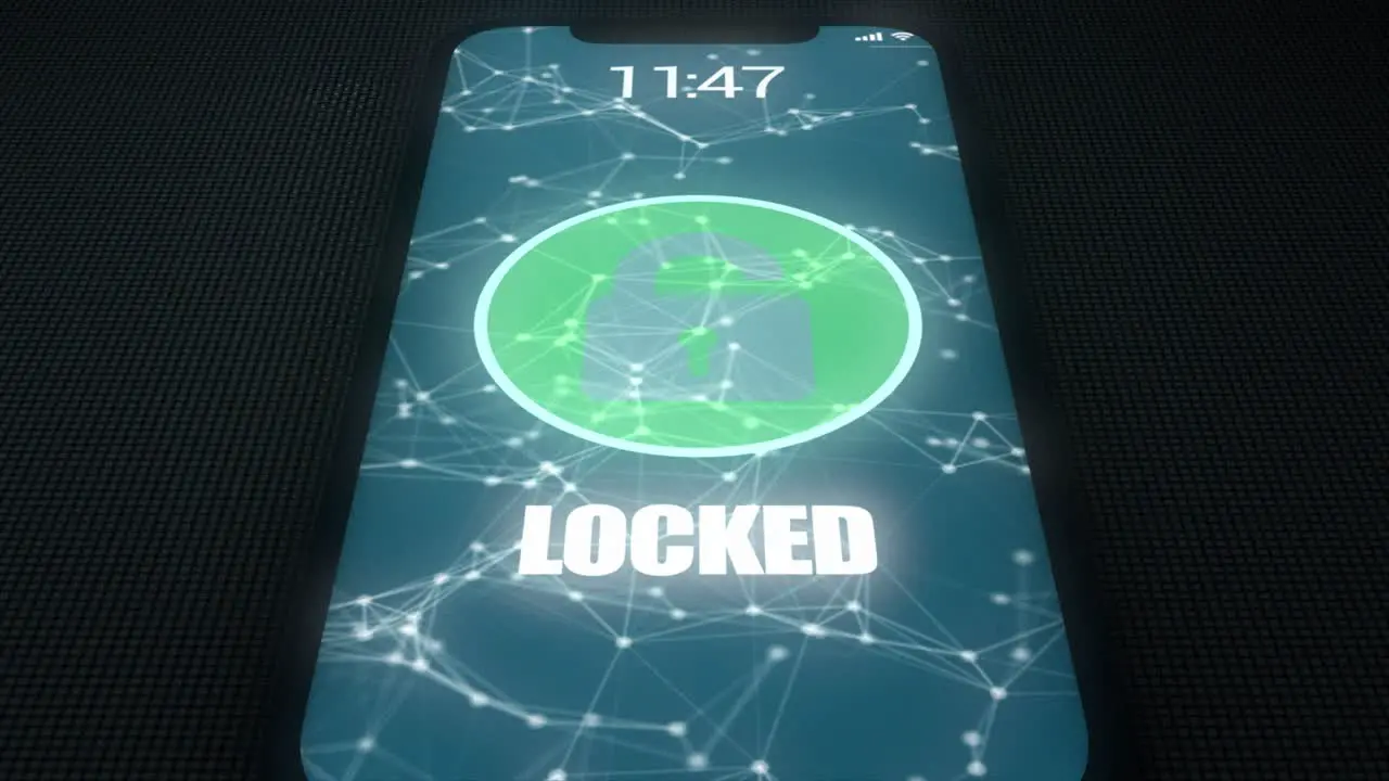 High quality animated 3D CGI render with tilting camera move extreme close up of mobile phone being unlocked and hacked with digital and binary code flowing out and a skull and crossbones motif