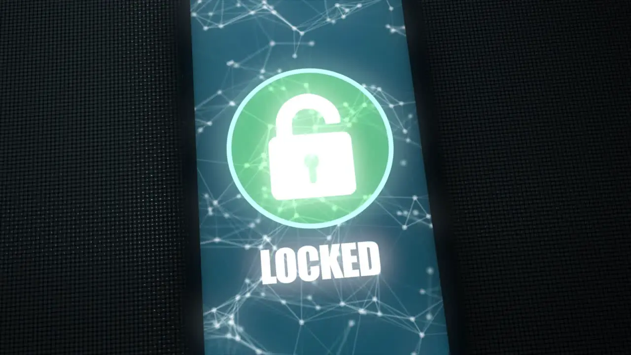 High quality animated 3D CGI render with orbiting camera move close up of mobile phone being unlocked and hacked with skull and crossbones motif and spreading deadly virus