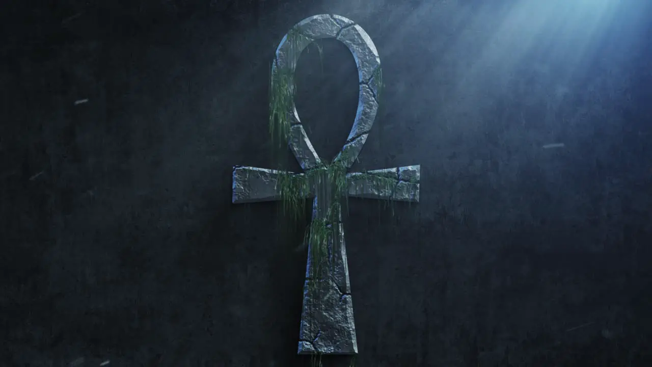 High quality dramatic motion graphic of the egyptian hieroglyphic ankh symbol rapidly eroding and cracking and sprouting moss and weeds with atmospheric light rays and dust motes