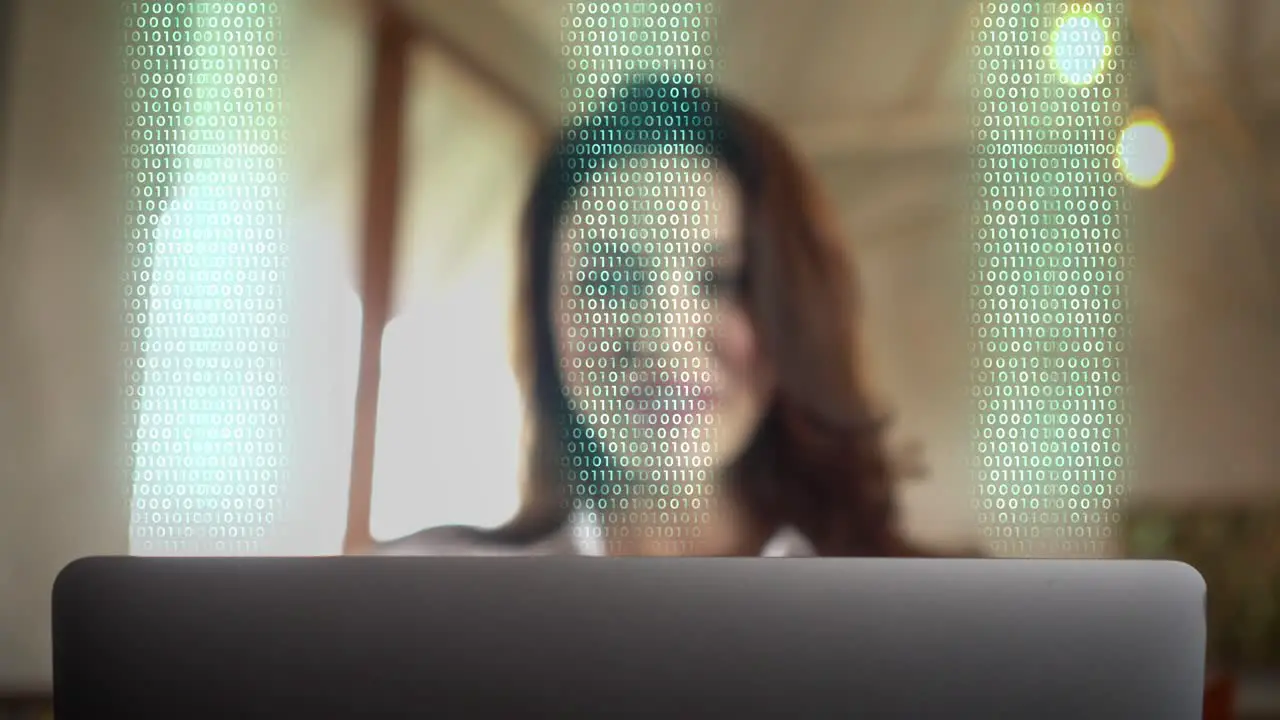 Woman Smiling Working Online With Real Time Data Synchronization Online storage IOT network connectivity for devices