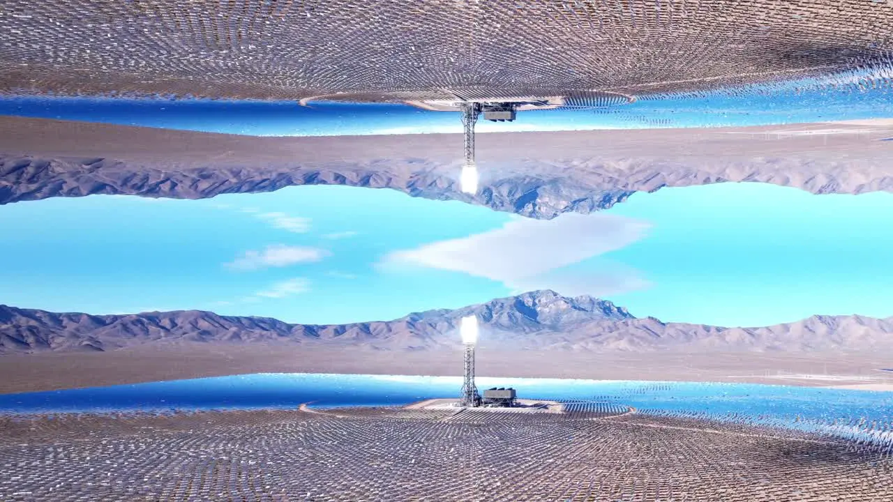 Futuristic parallel universe of inception mirror VFX overlay graphics of solar farm of aerial view