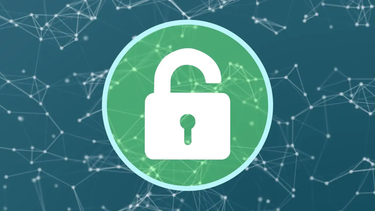 Clever motion graphic element of a circular system security logo with padlock being hacked and unlocked turning from red to green on a plexus style background