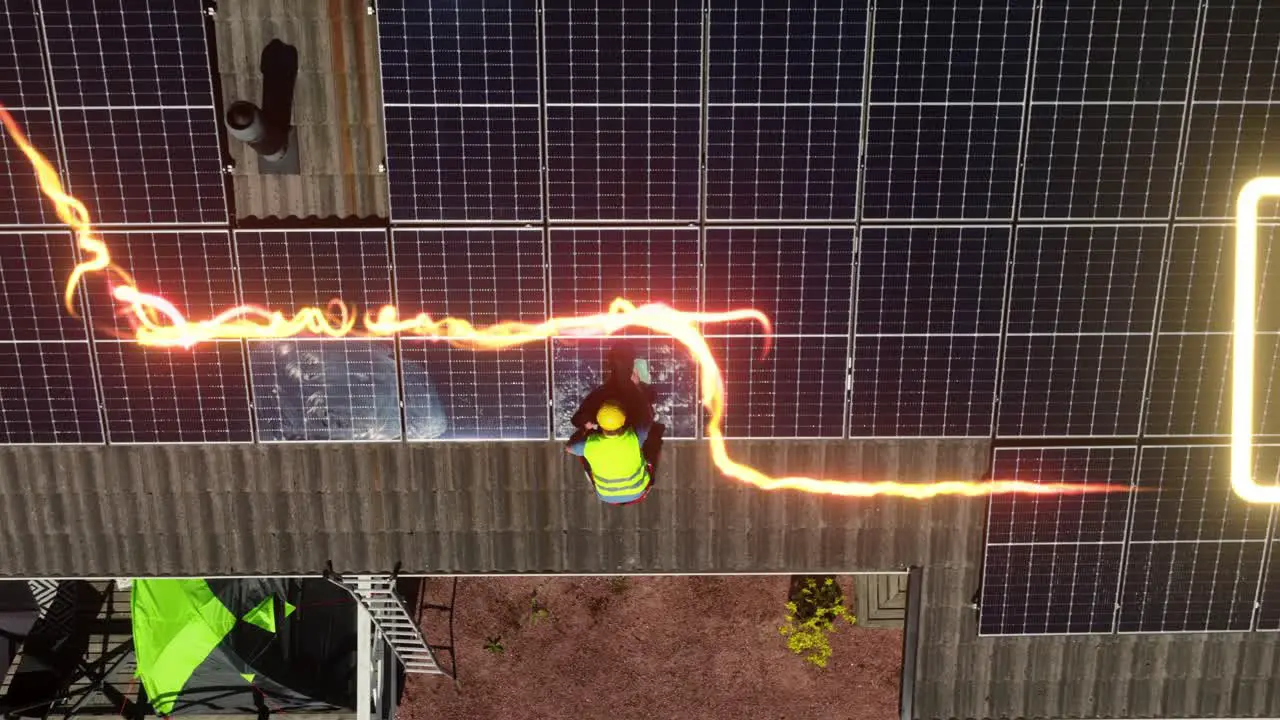 Man cleaning solar panels with added battery icon and visualization CGI render