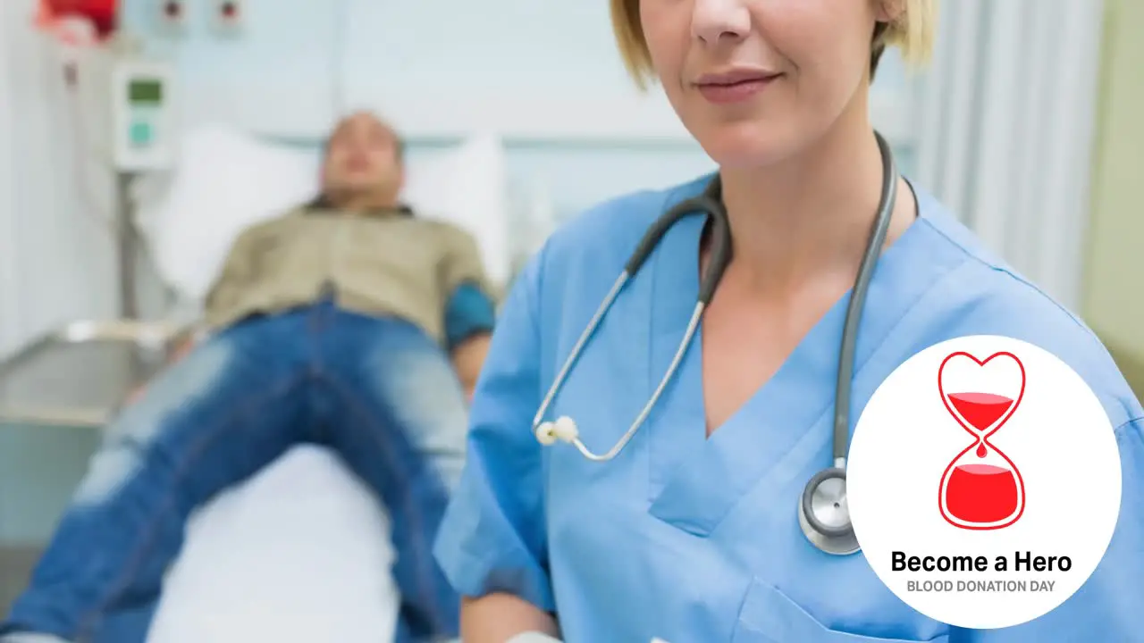 Animation of donate blood day text with blood hourglass logo over smiling female nurse and donor