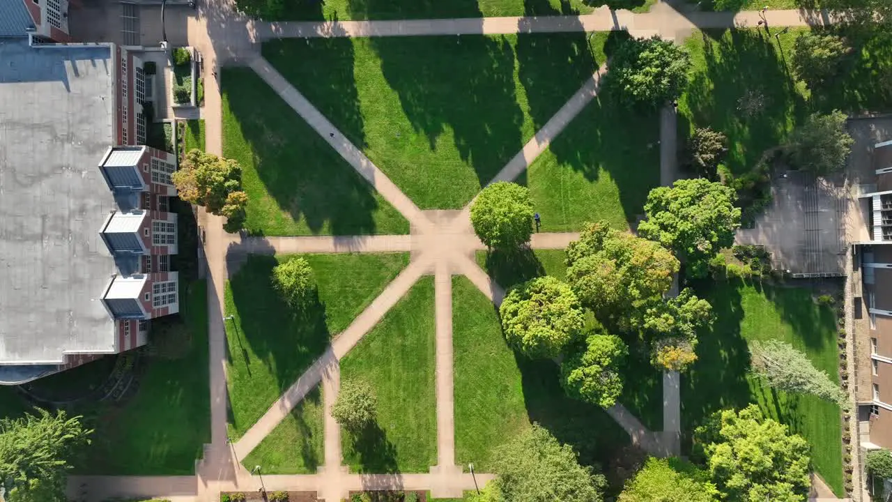 College campus lawn with sidewalk walking paths in grass connecting academic university buildings in USA