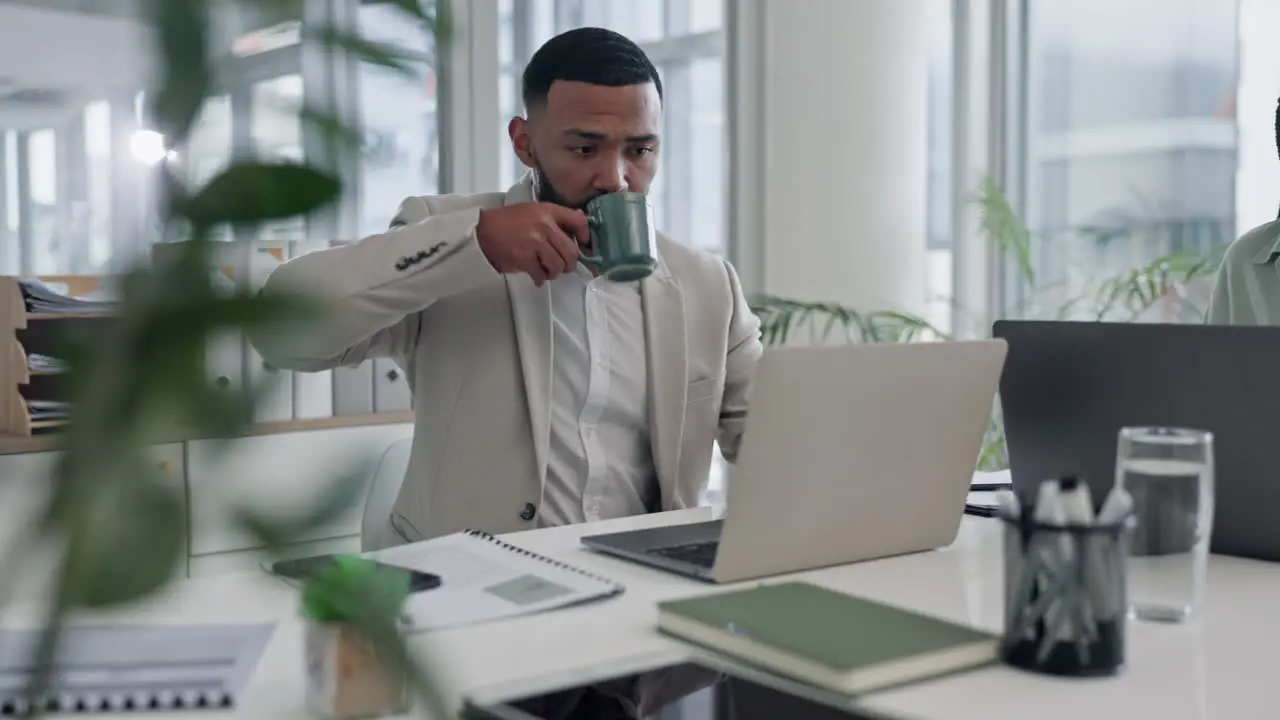 Laptop coffee and business man in office