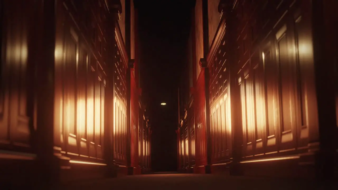 Animation of old wood panelled corridor in scary dark interior