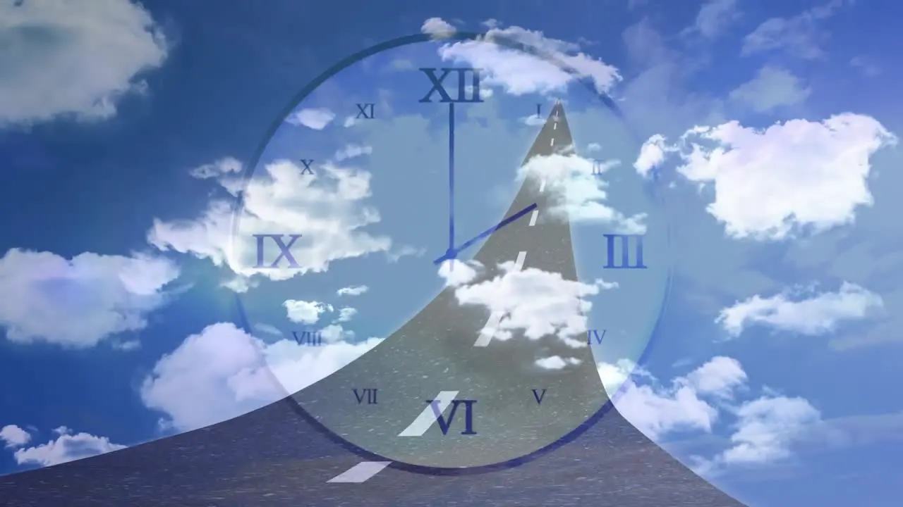 Clock animated on a sky background with a road appearing