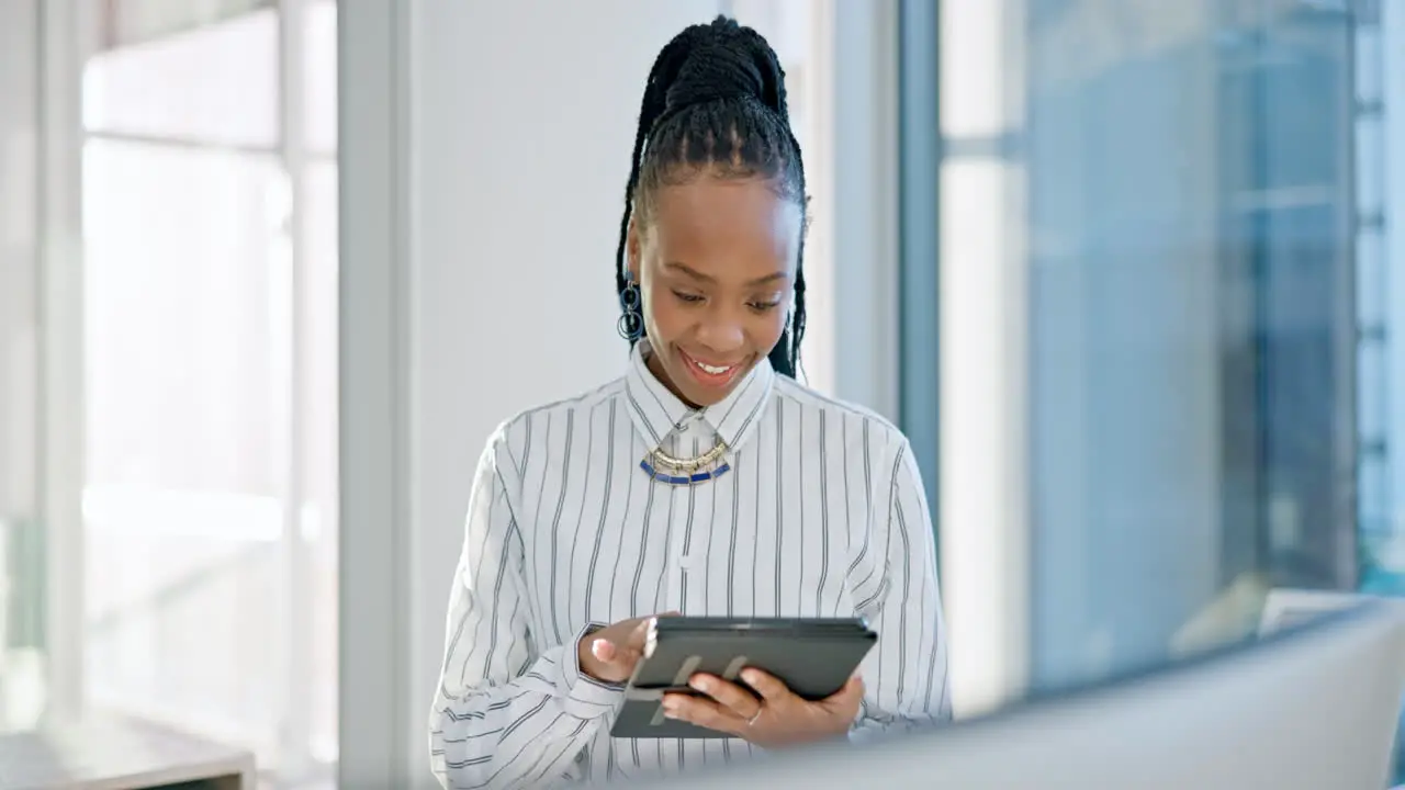 Tablet business woman and internet in office