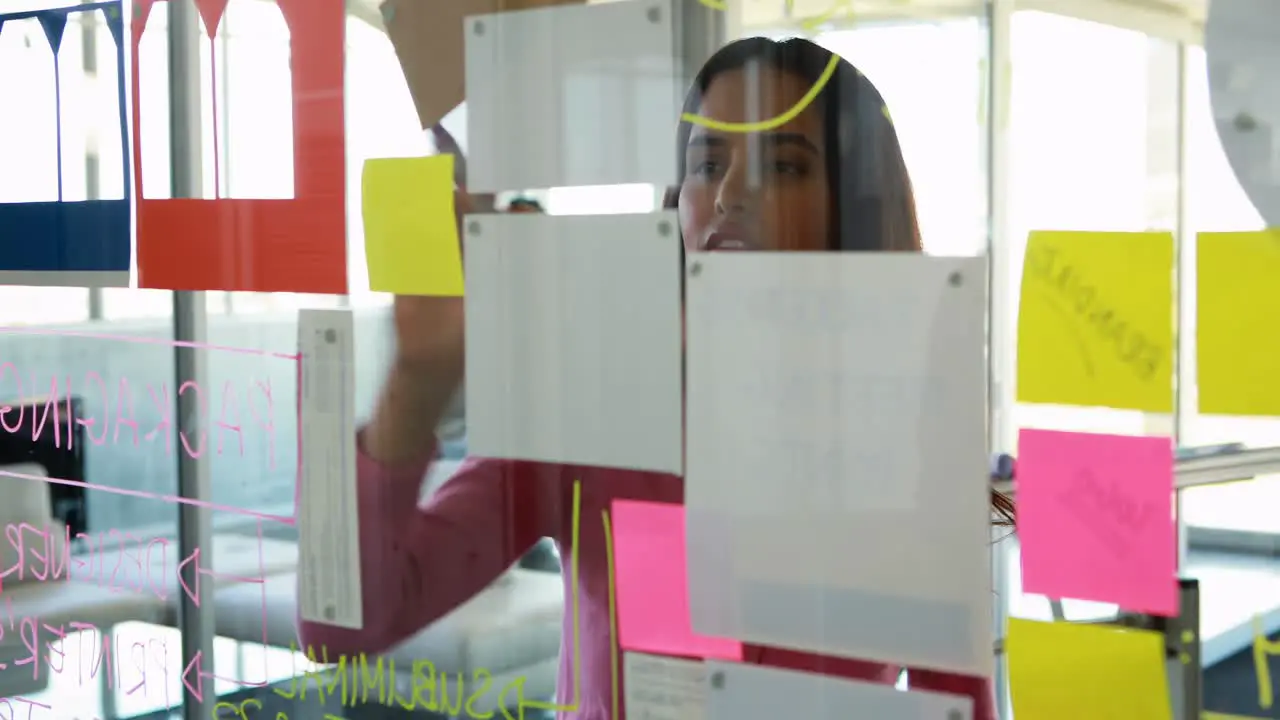 Woman sticking sticky notes on glass 4k