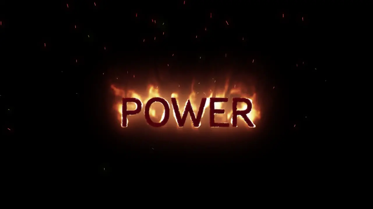 Animation of power text in burning flames over brown background