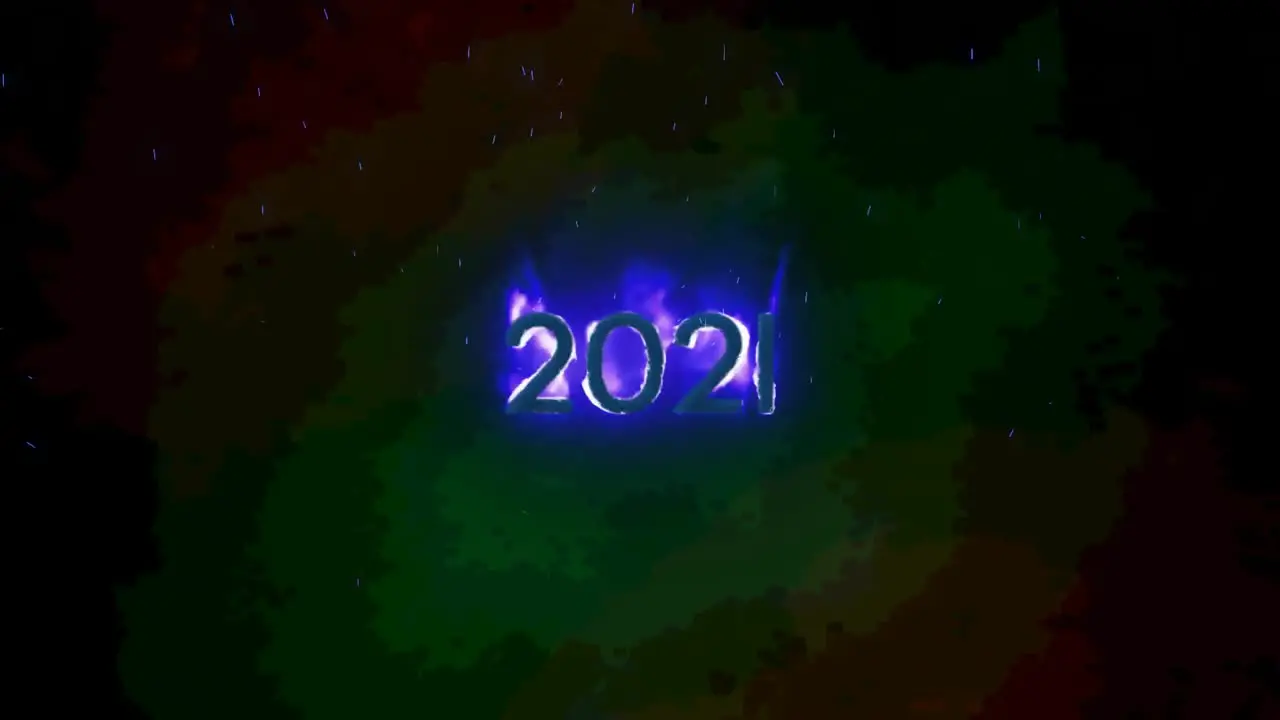 Animation of 2021 text in burning flames over dark background