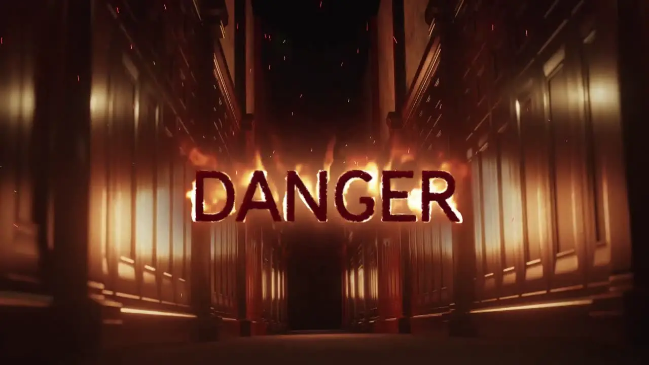 Animation of danger with flames over scary narrow corridor