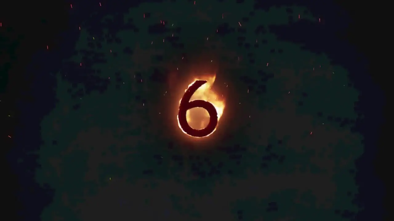 Animation of 6 text in burning flames over dark background