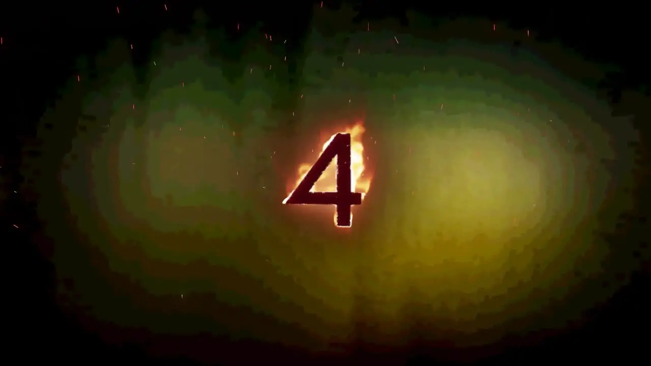 Animation of 4 text in burning flames over dark background