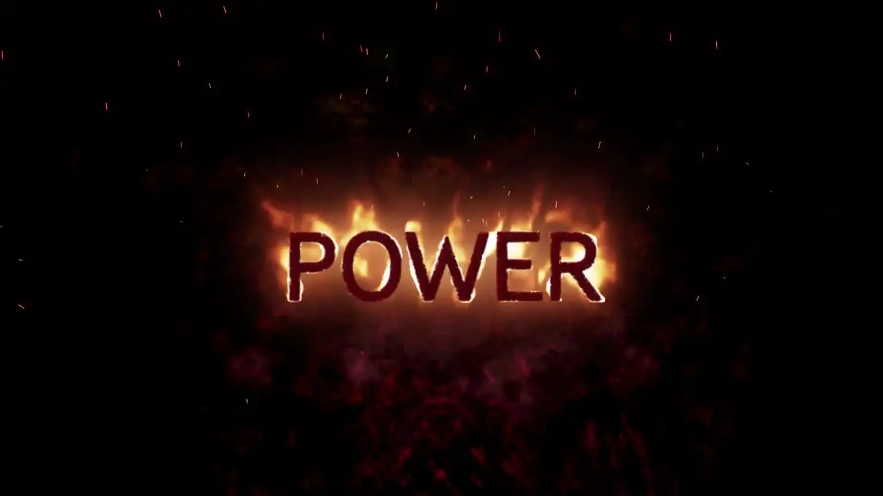 Animation of power text in burning flames over dark background