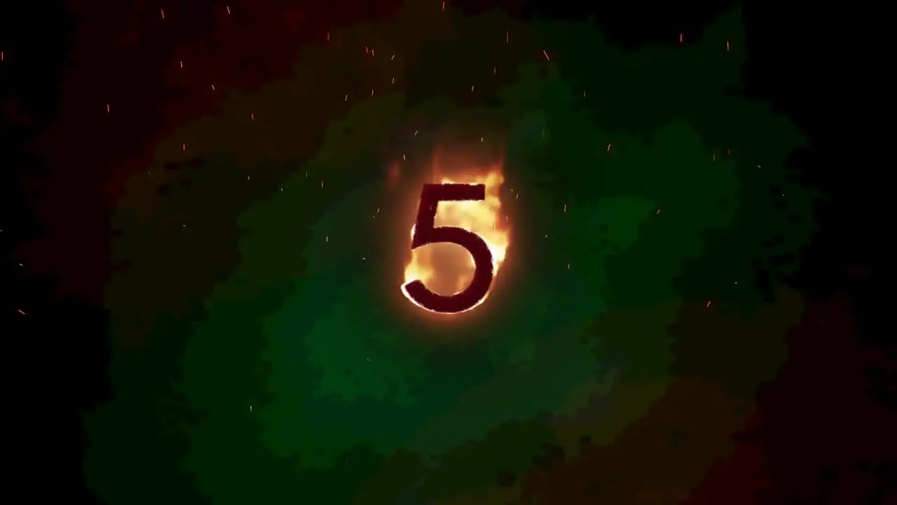 Animation of 5 text in burning flames over dark background