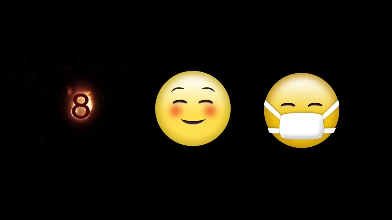 Blushing face wearing mask emoji and number eight on fire icon against black background